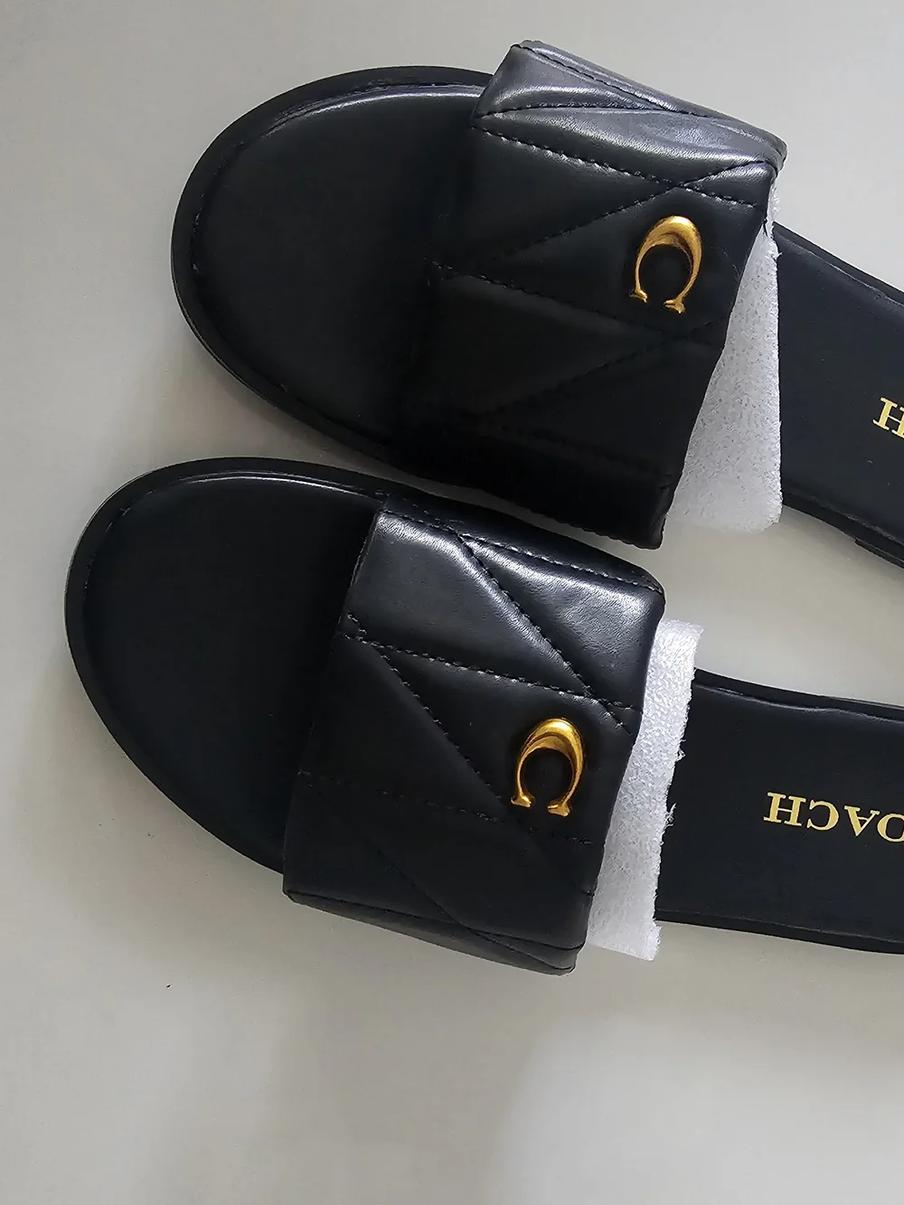 Coach Black Quilted Slide Sandals with Gold Accent